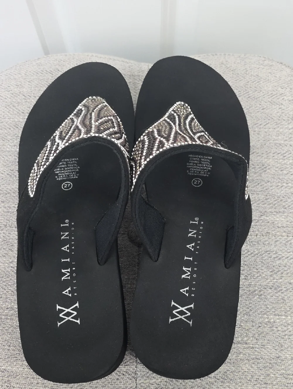 Black Rhinestone Platform Wedge Thong Sandals - Women Size 10.5